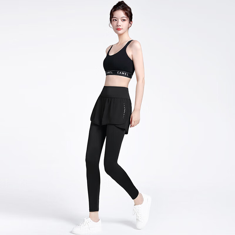 CAMEL Elastic Faux Two-Piece Fitness Pants for Women, High-Waisted Tight Running...