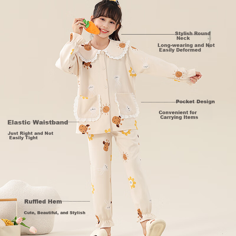 MiiOW Girls' Thin Cotton Long Sleeve Pajamas Spring and Autumn Children's Home W...