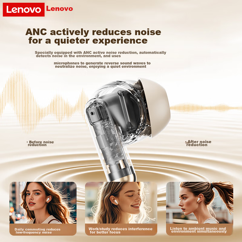 Lenovo True Wireless Bluetooth Earbuds, Semi In-Ear Headphones, Music Sports Gam...