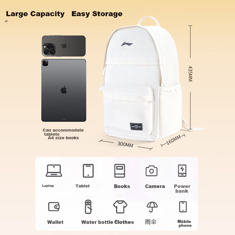 Li-Ning Unisex Backpack for Junior High School Students, Outdoor Travel Bag, Lap...