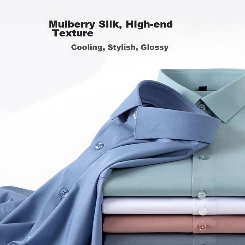 ROMON [Mulberry Silk Non-Iron] Long-Sleeve Shirt, Men's White Dress Shirt, Slim...