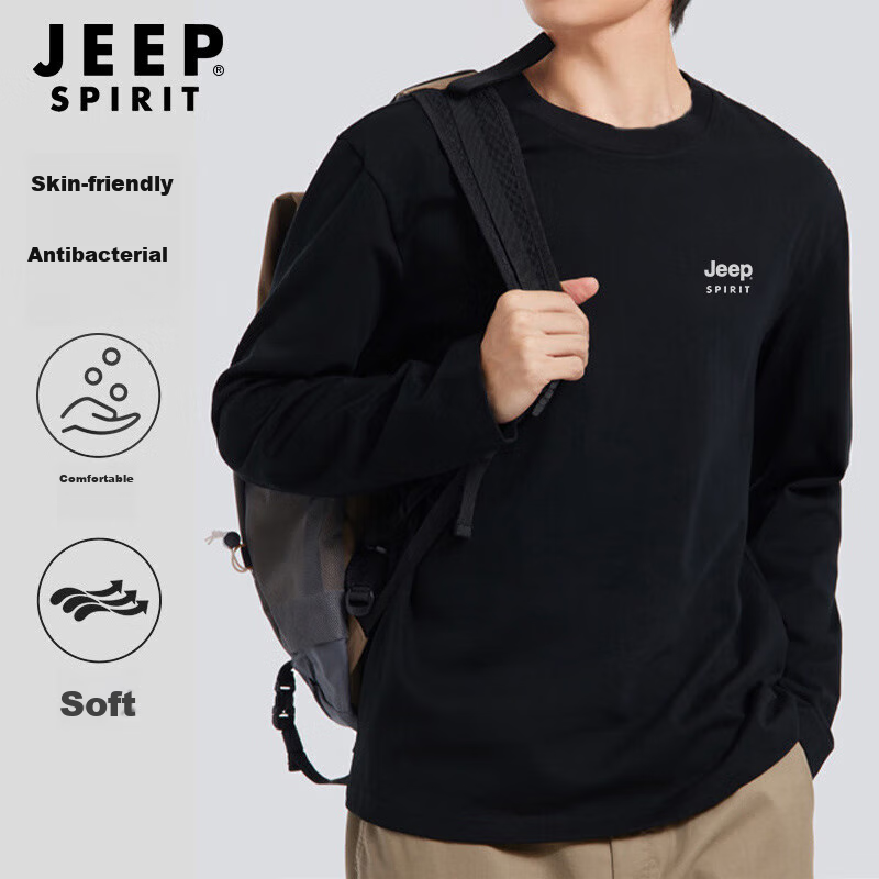 JEEP SPIRIT Long-Sleeve T-Shirt for Men, Pure Cotton, Loose-Fitting Pullover Undershirt, Spring Casual Comfortable Top, Men's Clothing, Black, XL