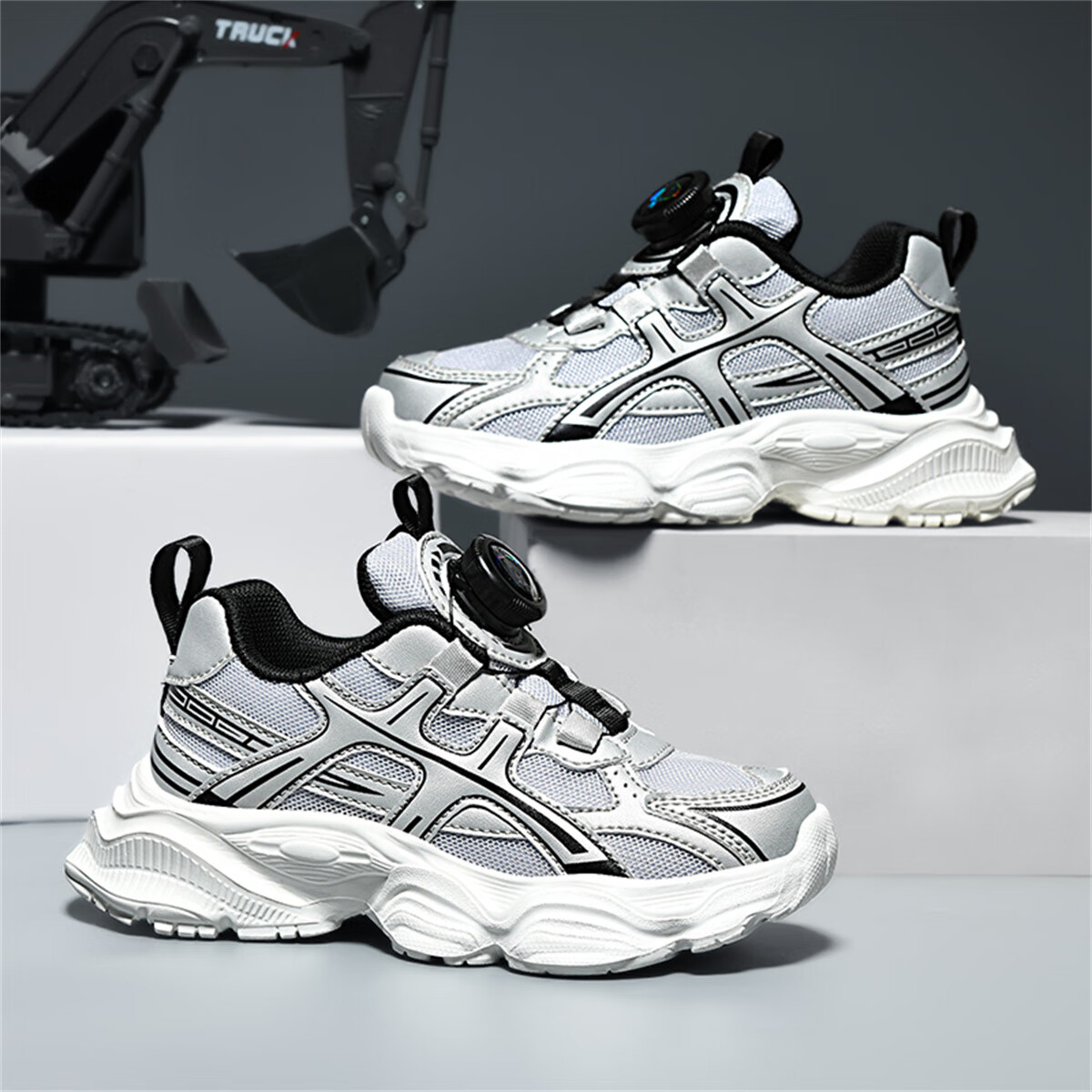 SNOOPYSNOOPY Kids' Sports Shoes Boys Girls Breathable Mesh Fashion Rotary Button Running Shoes 0377 Starry Silver Size 33