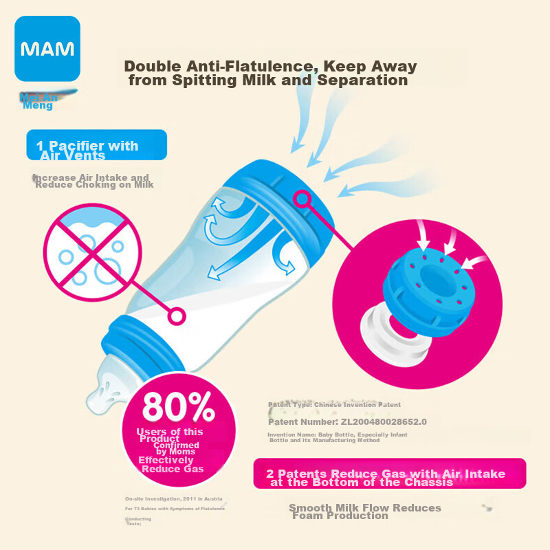 MAM PPSU Baby Bottle 260ml, Wide Neck, Double Anti-Colic, Drop-Resistant, Wear-Resistant, with Luminous Handle