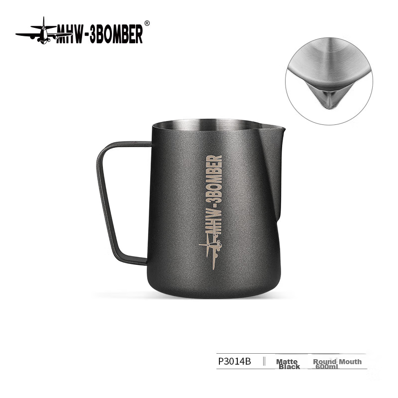 MHW-3BOMBER Latte Art Jug, 600ml Stainless Steel Milk Frothing Cup, Coffee Steaming Pitcher, Matte Black Classic Version