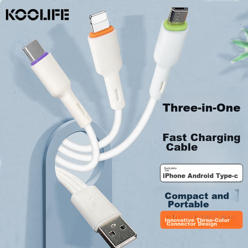 KOOLIFE  Three-In Data Cable Compatible with Apple Type-C, Android Phones, Charger Cables for IPhone 12/11, Xiaomi, OPPO, Suitable for Huawei, One-To Charging Cable, 20cm, White