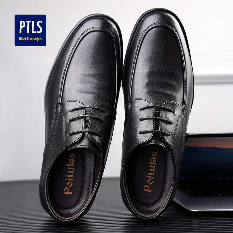 Poitulas British Men's Business Casual Shoes, Formal Leather Shoes, Lace-Up, Wear-Resistant, P9829, Black, Size 44