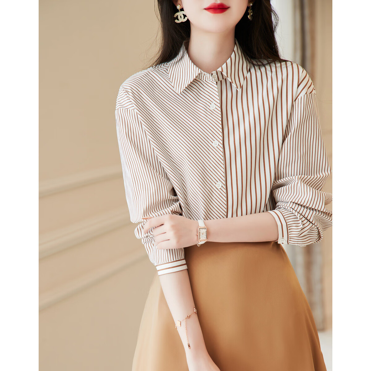 Demana [Stylish Intellectual] Spring And Autumn Free Simple Striped Patchwork Shirt, Comfortable Cotton-Blend Slimming Blouse