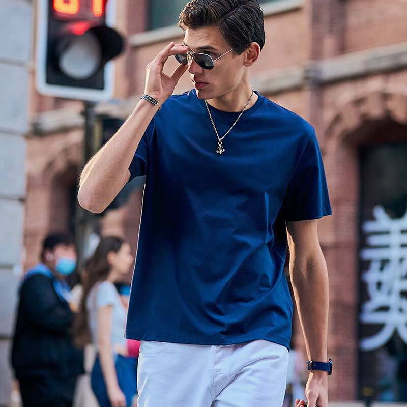 Mr. Bu Spring And Summer Short-Sleeve T-Shirt for Men, Pure Cotton Plain White T-Shirt, Solid Color Undershirt, Deep Sea Blue, XL/180