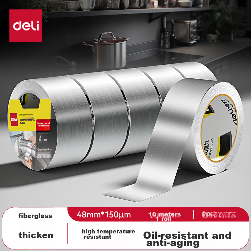Deli Fiberglass Aluminum Foil Tape, Thickened Heat-Resistant And Tear-Resistant, Pipe Insulation And Sealing, 48mm*10m*150μm, Silver, 1 Roll, JL650