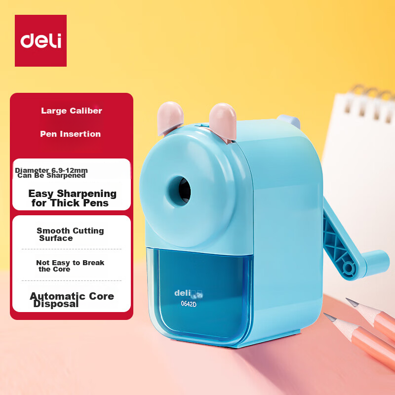 Deli Student Large Caliber Manual Pencil Sharpener with Thick Pen Holder, 12mm Jumbo Triangular Pencil Sharpener, Exam Back-to-School Gift, Blue