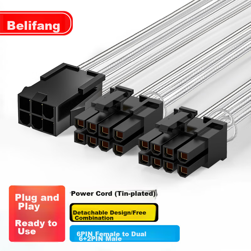 Beilifang Graphics Card Power Cable, 6pin to Dual 8pin, 6pin to Dual 8pin Desktop Computer Power Supply Cable, 6Pin to Dual 8Pin (6+2P) Tinned Wire, 20CM