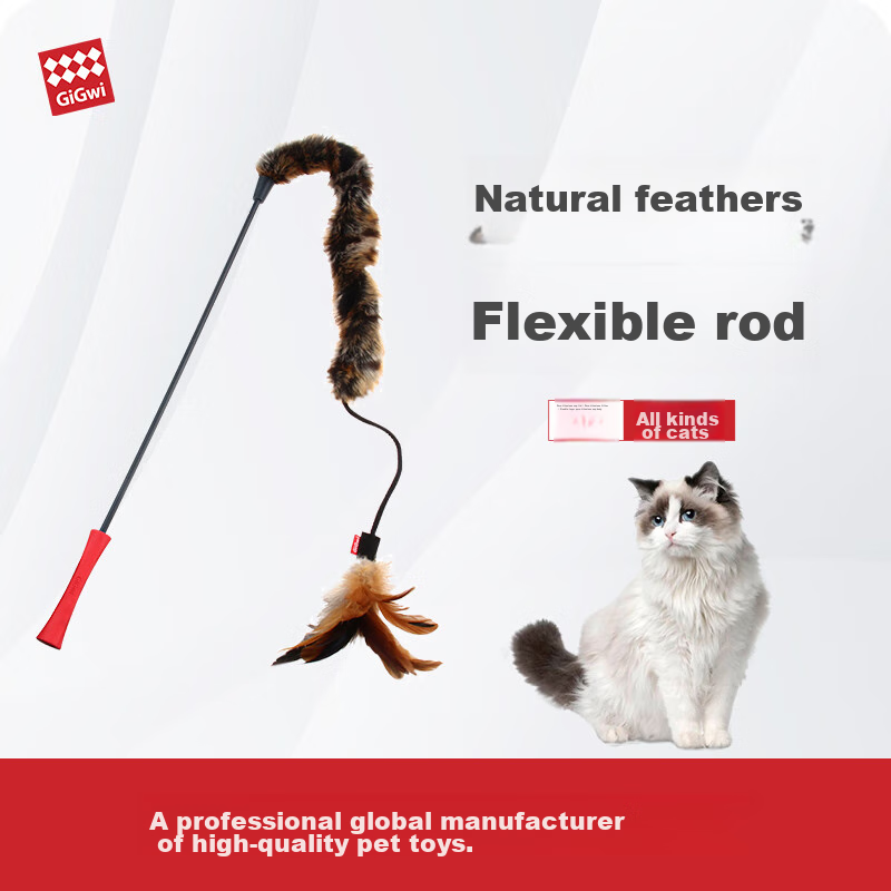 GiGwi Cat Teaser Toy for Kittens And Puppies, Durable Chew Toy with Natural Feather And Long Plush Wand, Pet Toy