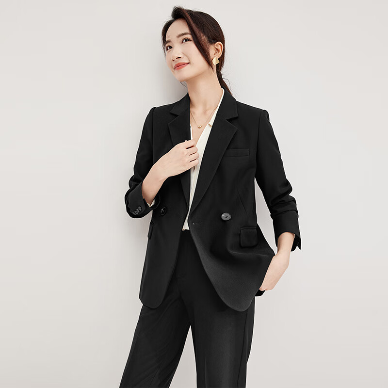 Fan Qin Elegant Suit for Women with Two-Button Coat and Wide Leg Trousers Set 443Z73326 Black S