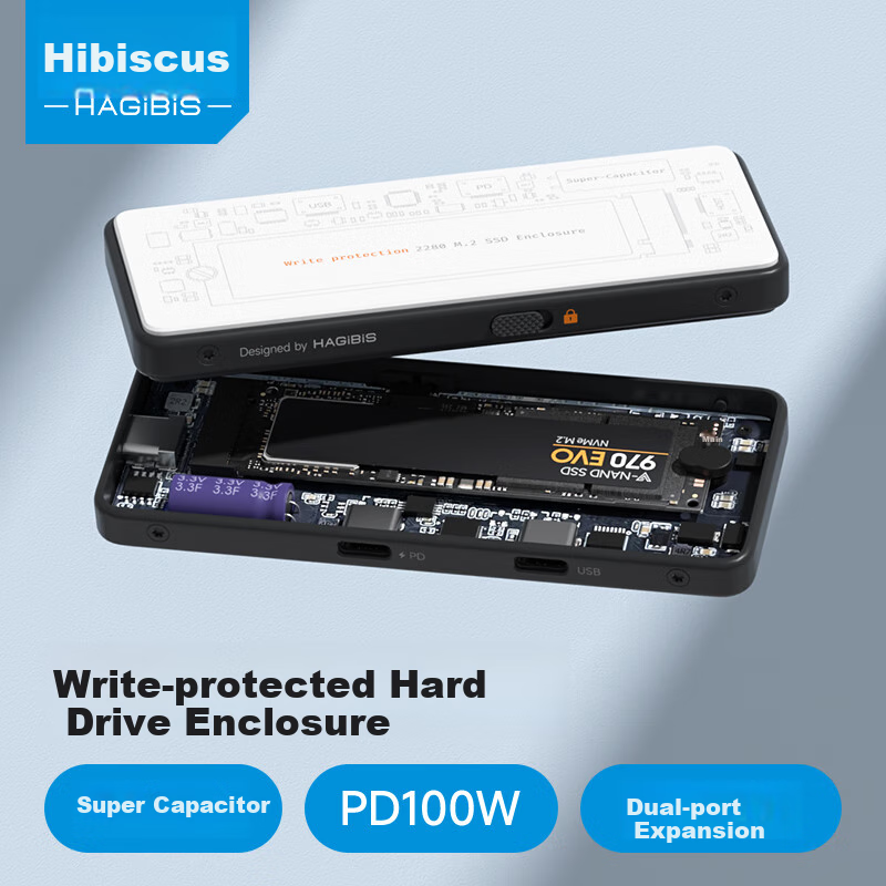 Hagibis M.2 NVMe SSD Enclosure with Write Protection, External SSD Reader for Apple Macbook, Laptop, and Phone Expansion with Power Failure Protection