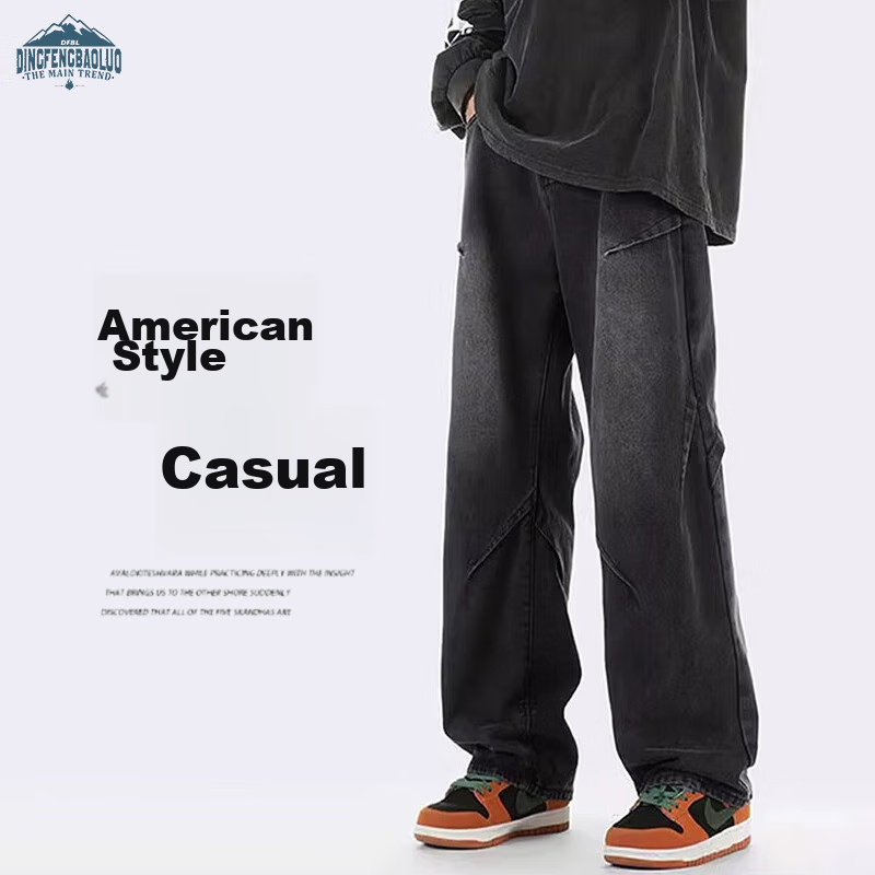 Dingfengbaoluo American-Style High Street Jeans for Men, Autumn And Winter, Niche Casual Retro Loose Straight Wide-Leg Pants, 9328 Black 3XL