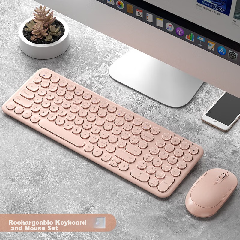 B.O.W Hangshi HW098SDL-2 Wireless Keyboard And Mouse Set, Rechargeable Keyboard And Mouse Set, Ultra-Thin Portable, Laptop And Desktop Computer Office Keyboard And Mouse, Pink