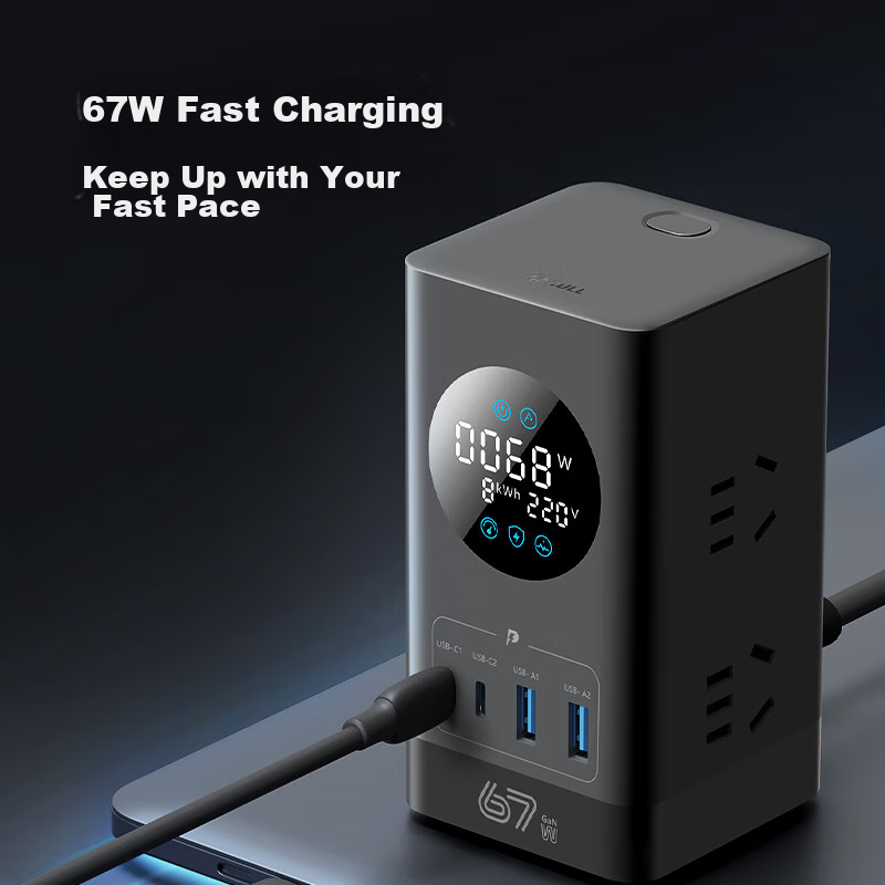 BULL Smart Digital Display Screen Gallium Nitride 67W Fast Charging Small Power Station Vertical Socket/Power Surge Protection Gaming USB Desktop Charging Station Laptop Power Strip 2C2A+6 Sockets