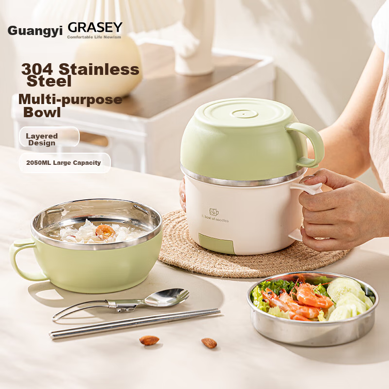 Guangyi 304 Stainless Steel Lunch Box, Fast Food Cup, Ramen Bowl with Lid, Meal Container with Spoon And Chopsticks, Green GY7353