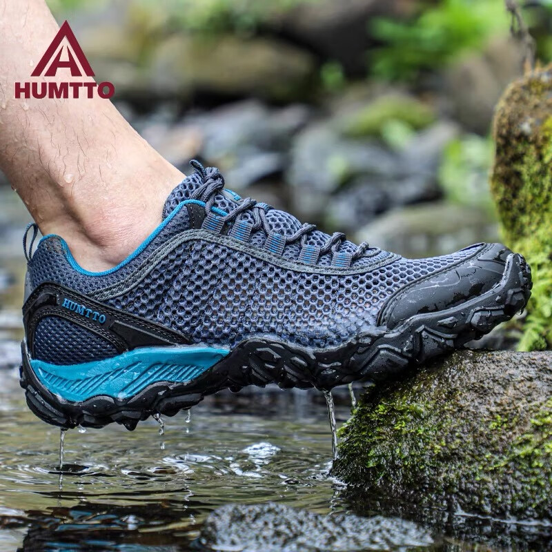 HUMTTO Summer Mesh Hiking Shoes Men's Outdoor Climbing Shoes Breathable Casual Men's Shoes Grey Blue Size 42