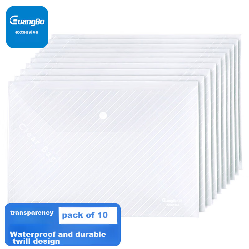 GuangBo 10-Pack A4 Button Closure Transparent Waterproof File Folders for Student Exam Papers, Subject Classification, And Office Supplies, Striped Style A6320KA