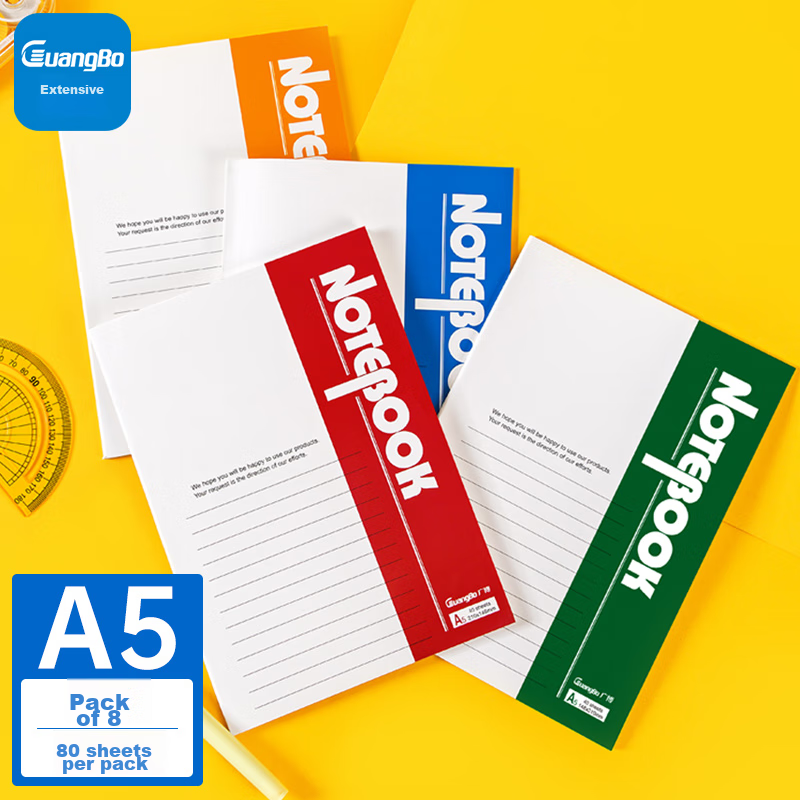 GuangBo A5/80 Sheets Office Notebook, Diary, Soft Copy Book, Single-Line Notebook, 8-Pack, Random Colors, GBR0792