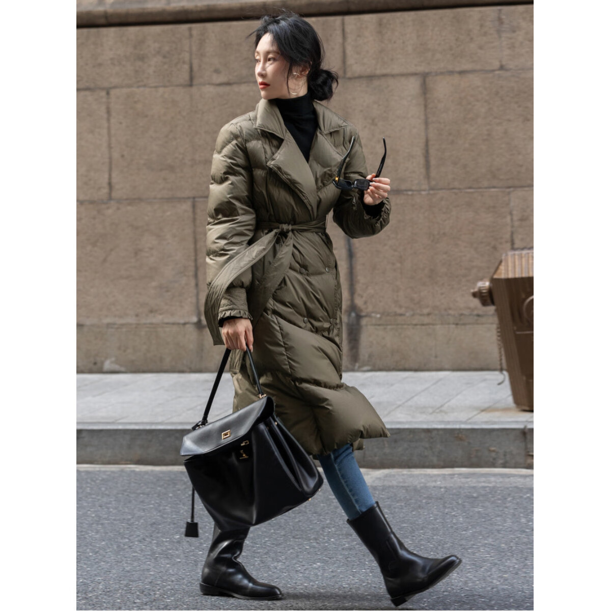 Demana Elegant Luxury Winter And Spring Yarn-Dyed 90% Duck Down Long Double-Breasted Ruffle Down Jacket for Women, Olive Green, XL