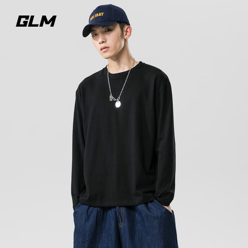 GLM Pure Cotton Long-Sleeve T-Shirt for Men, Spring And Autumn Style, Solid Color Undershirt, Loose-Fitting, Plus Size, Men's Base Layer Top