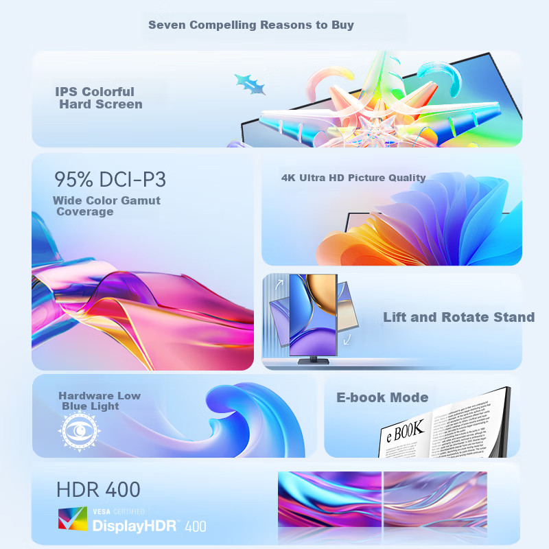 HKC 27-inch 4K Ultra HD IPS HDR400 Rotatable Height Adjustable Low Blue Light Flicker-Free Thin Bezel Wall-Mountable Computer Monitor Office Display L272U