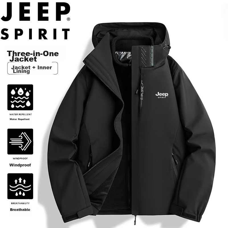 JEEP SPIRIT Men's Windbreaker Jacket for Spring And Autumn, Thickened Three-In Sports Mountaineering Coat, Black, 3XL