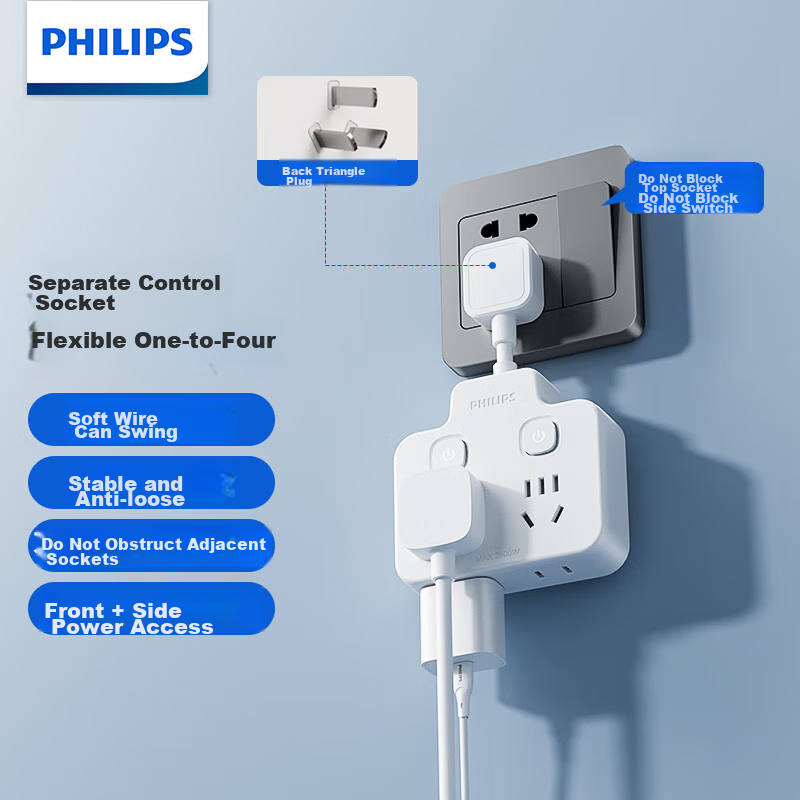 Philips Socket Converter, Wall Socket Extension Flexible Diamond-Shaped Power Conversion Plug, Multifunctional Power Strip with Independent Switches, Wireless One-To Converter