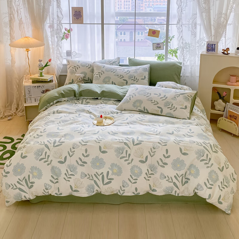 Hengyuanxiang 100% Cotton Four-Piece Bedding Set, Pure Cotton Bed Sheet And Duvet Cover, 200*230cm, for 1.5/1.8 Meter Bed, Floral Pattern