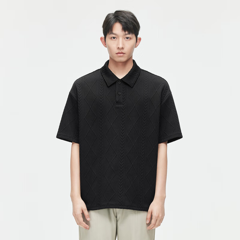GXG Men's Texture Jacquard Polo Shirt Men's Turn-down Collar Short Sleeve 24 Summer Black 180/XL