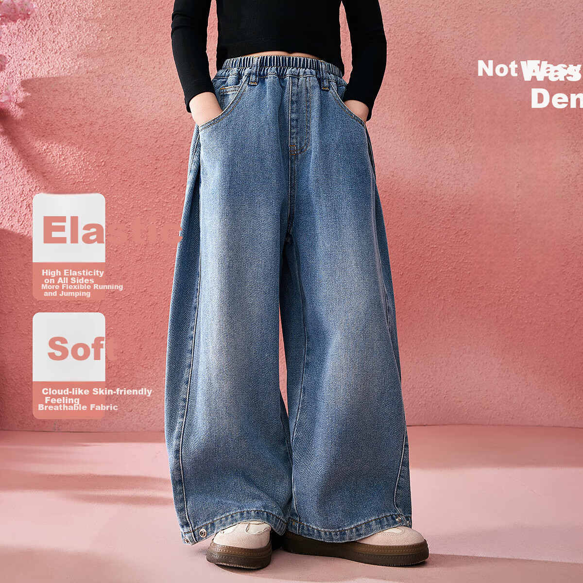 ASK JUNIOR Children's Washed Straight-Leg Jeans, 2025 Spring Girls' Retro Sports Casual Trousers, Blue, Size 140