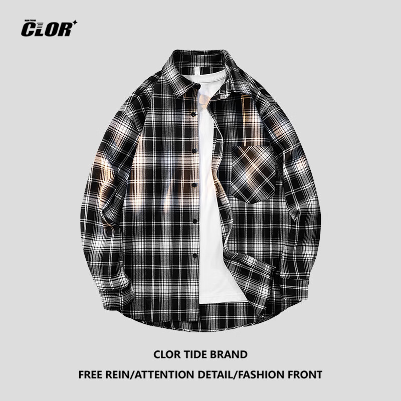 CLOR Plaid Long-Sleeve Shirt for Men, Spring And Autumn Trendy Ins Loose Casual Shirt Jacket, CLCX04 Black XL