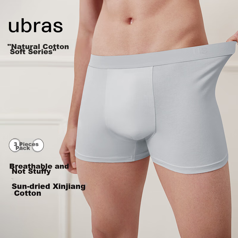 Ubras [Pure Cotton] Breathable Mesh Men's Underwear, Mid-Rise Boxer Briefs, 3-Pack, Blue + Sage Green + Gray, Size L