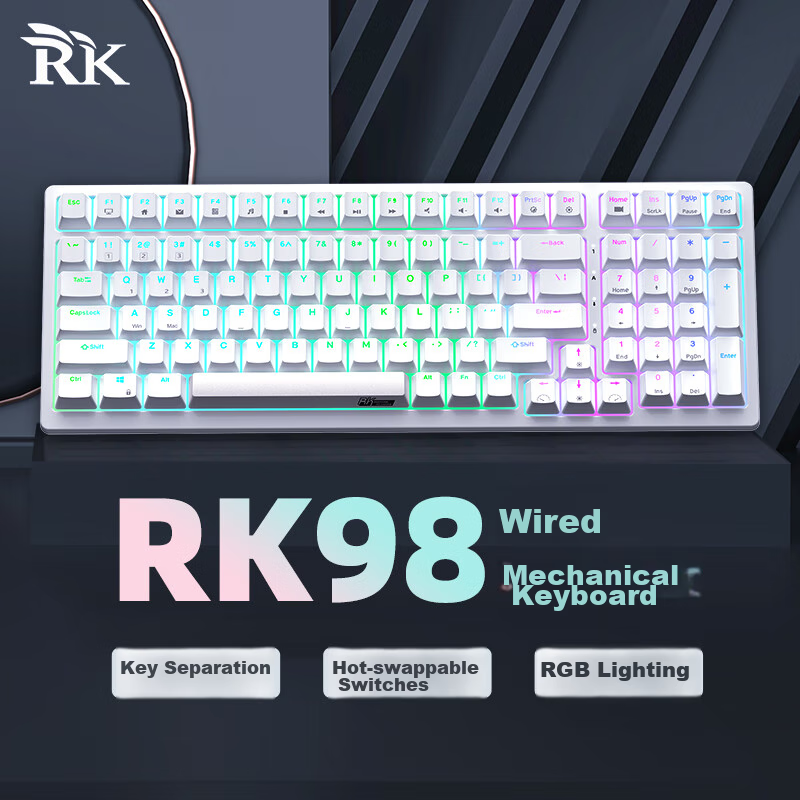 RK98 Mechanical Keyboard, Wired Keyboard, Gaming Keyboard, 100 Keys, 98 Layout, RGB Backlight, Computer Keyboard, Hot-Swappable, Detachable Cable, White, Blue Switch