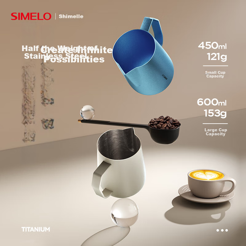 SIMELO Pure Titanium Coffee Latte Art Pitcher with Pointed Spout Milk Frothing Cup Milk Frothing Pitcher Professional Latte Art Cup 450ml Sparkling Galaxy