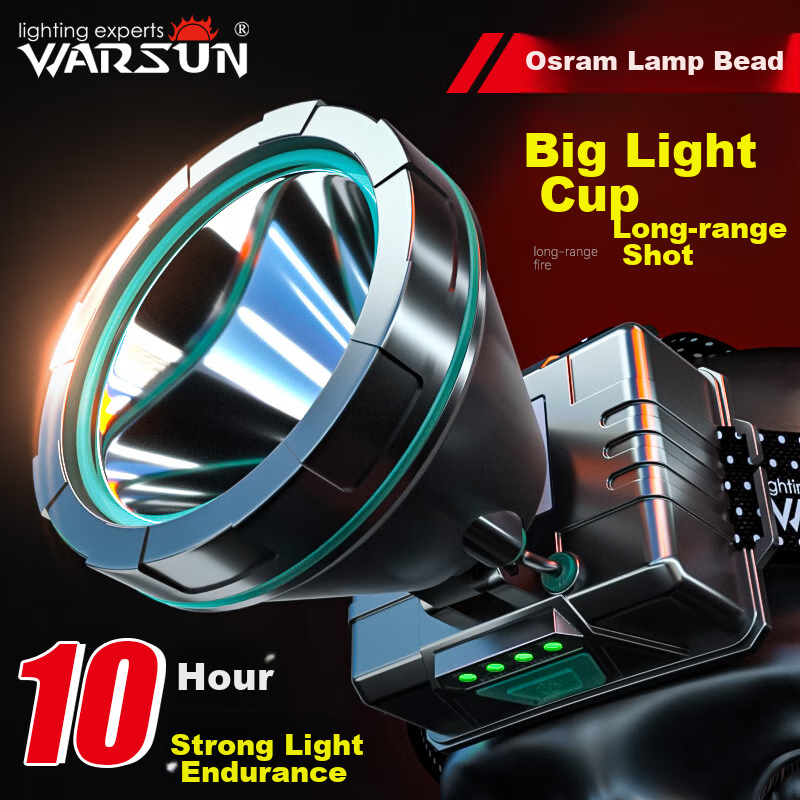 Warsun W68 Headlamp, Long Battery Life, LED Night Fishing, High Brightness, Rechargeable, Ultra-Bright, Head-Mounted Flashlight, Waterproof, Mining Lamp, Fishing