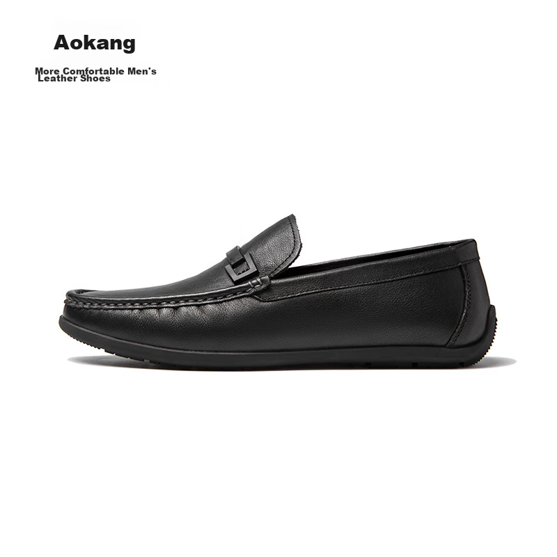 Aokang Business Casual Leather Shoes, Comfortable Soft-Soled Driving Shoes, Low-Top Slip-On Loafers, Lazy Slip-Ons, Black, Size 39