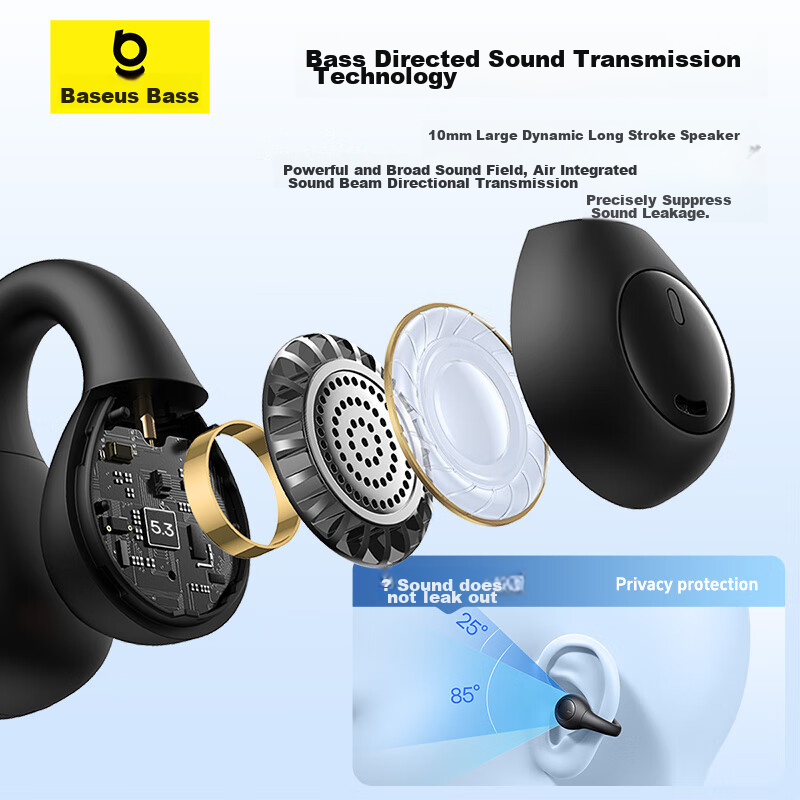 Baseus AS01 Bluetooth Headphones, Clip-On Bone Conduction Concept, True Wireless, Noise-Canceling, Non-In, Open-Ear, Ear-Hook Style, for Sports, Running, Gaming, Music, Compatible with Huawei, Xiaomi,