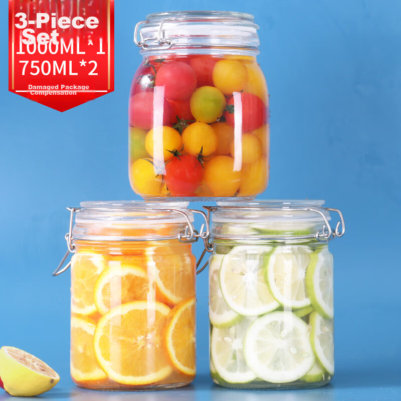 Baijie Glass Storage Jars Set of 3, Kitchen Pickle Jars, Honey Jars, Food Storage Containers, Glass Bottles