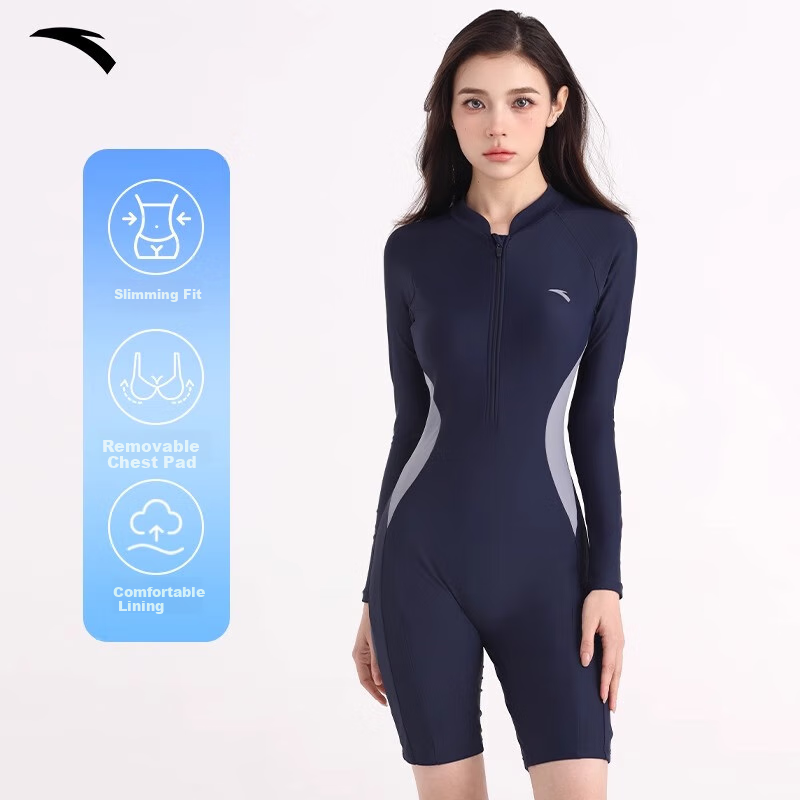 ANTA ANTA Women's One-Piece Long Sleeve Surfing Diving Suit Slimming Conservative Swimsuit Deep Blue XL