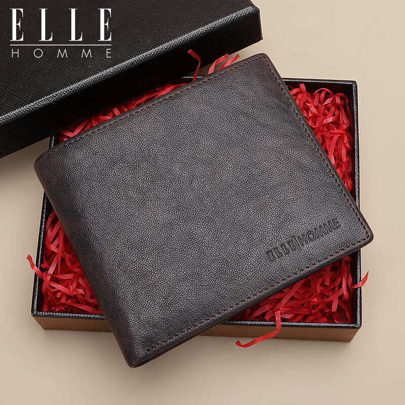 ELLE HOMME Men's Short Wallet, Top-Grain Leather Multifunctional Billfold, Horizontal Two-Fold Wallet 3720, Birthday Gift for Men