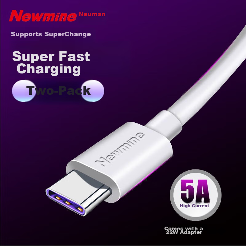 Newmine Type-C Data Cable, 5A Super Fast Charging, USB-C Android Adapter, Compatible with Huawei Mate30/20/10/P40/Xiaomi 9/8/Honor, 1 Meter [Two-Pack]
