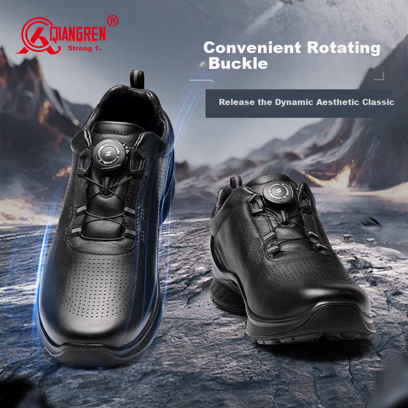 Qiangren Outdoor Sports Casual Leather Shoes, 3515 Top-Grain Cowhide, Commute Training Men's Shoes, Rotary Buckle Duty Shoes, Black, Size 46