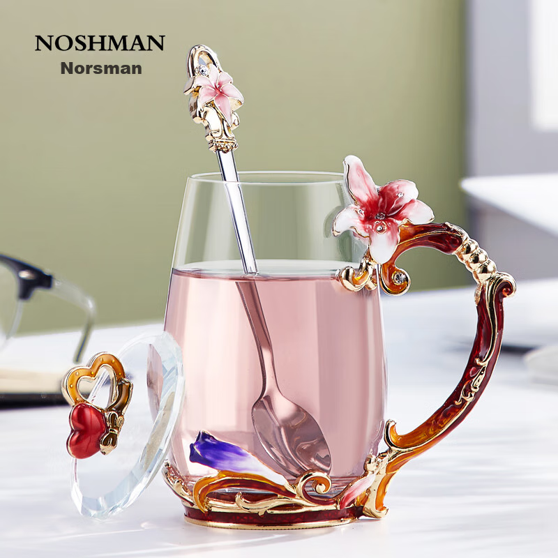 Nuoshiman Women's Day Gift Mug with Lid And Spoon, Heat-Resistant Glass Cup, High-Quality Tea Mug for Women's Home Use