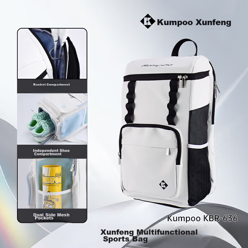 Xunfeng Badminton Bag with Separate Shoe Compartment, Multi-Compartment Fumefeng Double Zipper Multifunctional Backpack, White And Black KBR-636