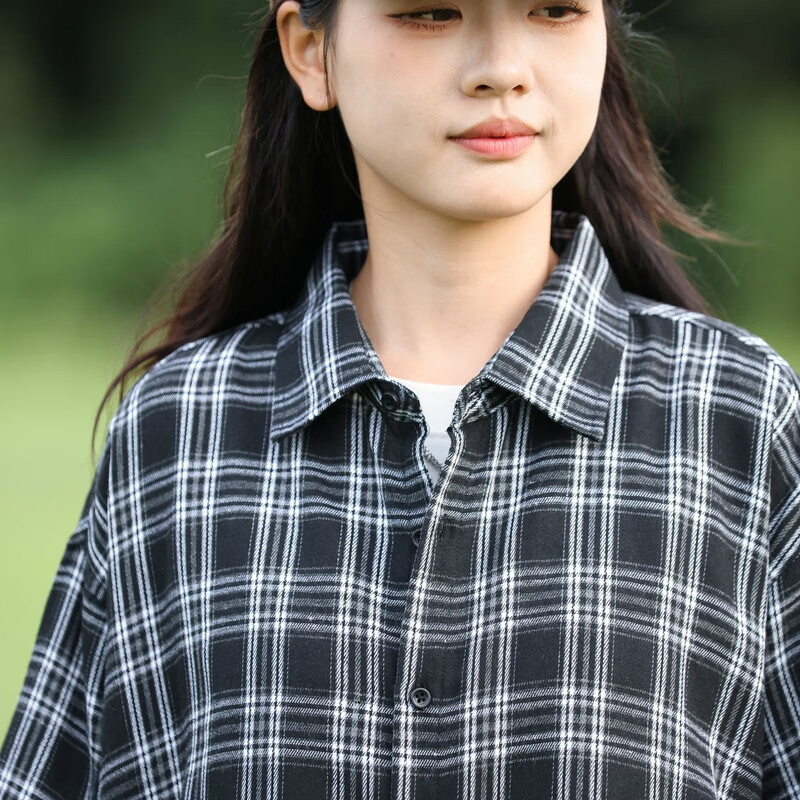 JEANSWEST Women's Vintage Hong Kong Style Sun Protection Street Fashion Shirt Autumn Winter Niche Thin Plaid Shirt Jacket Black 2XL