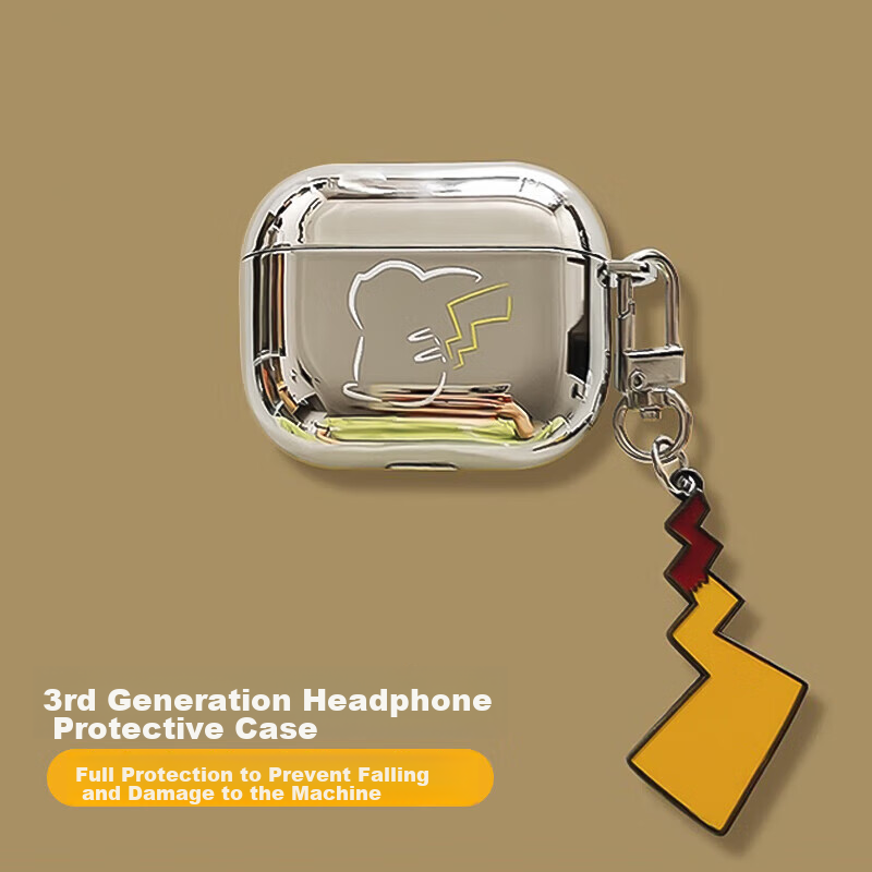 Yingkaida AirPods 3 Protective Case, Apple Earphone Case, Wireless Bluetooth Earphone Cover, Shockproof, Creative Anti-Slip Shell, Storage Box, Electroplated Leather, Pikachu